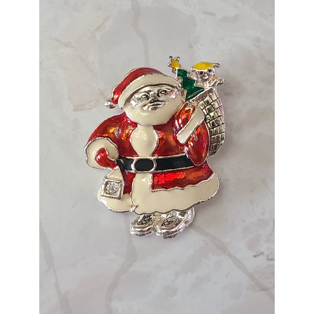 Christmas Santa Claus With Gifts Enamel Vintage Silver Toned Brooch